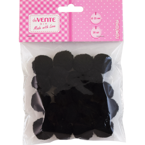 Набор помпонов для творчества "deVENTE" 25 мм, 20 шт, цвет черный, в пластиковом пакете с блистерным