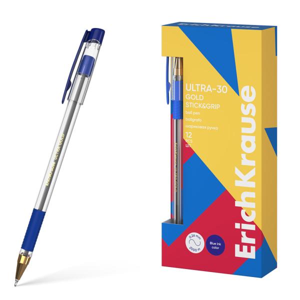 Ручка шариковая ErichKrause ULTRA-30 Gold Stick&Grip Classic 0.7, Super Glide Technology, синяя 