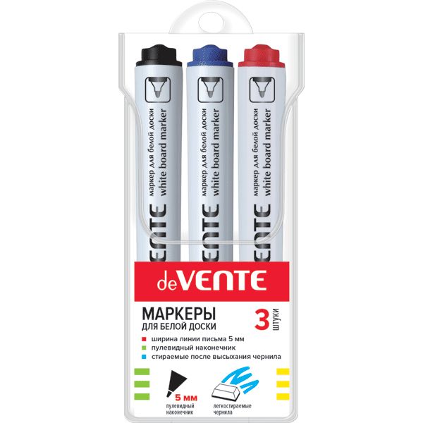 Набор маркеров для белой доски "deVENTE" (03 шт - красн., син., черн.) круглый корпус с клипом, пулевидный наконечник, ширина линии 5 мм, в пластиковом блистере