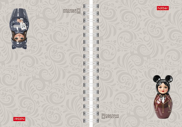 Записная книжка А6 80 листов в клетку на гребне "Матрешки" 60-65г/кв.м с твердой обложкой запечат. форзац двойная 2-х цветная глянц.ламинация 