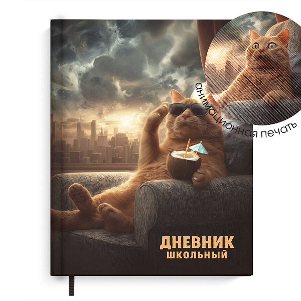 Дневник школьный "КОТ И АПОКАЛИПСИС" (7БЦ: А5+; твёрдый переплёт 7БЦ, материал обложки: картон переплётный 950 г/м²; декор: аппликация с анимированным изображением, глянцевая ламинация;