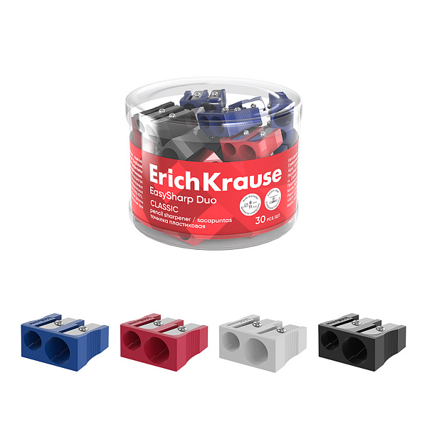 Точилка 2 отв. ErichKrause EasySharp Duo, Classic, пластиковая, ассорти (в тубусе по 30 шт)