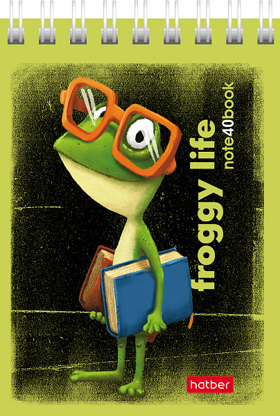 Блокнот А7 40 л. кл. на гребне "Лягух Кир" 65г/кв.м Обл. мел.картон 