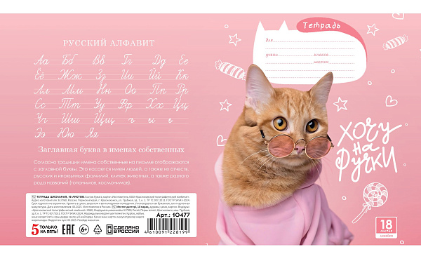 Тетрадь 18 листов в линию "Котики" обложка из мелованного картона(200 г/м²) блок офсет 60 г/м², 92%, микс 5 вид