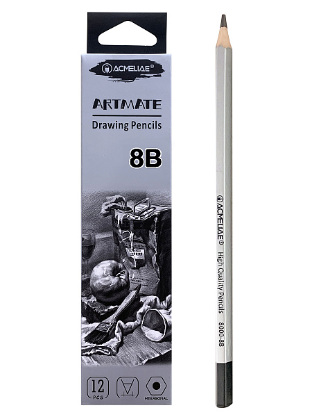 Карандаш ч/г  8B ACMELIAE шестигранный, корпус серебряный,