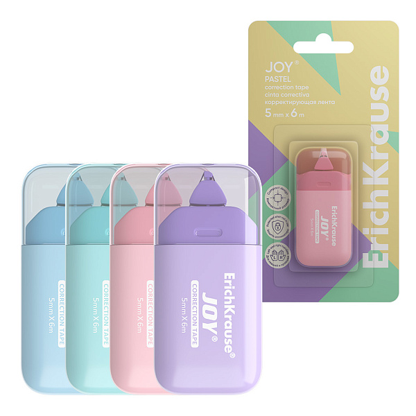 Корректир. лента 5мм х 6м ErichKrause JOY® Pastel, ассорти (в блистере по 1 шт.)