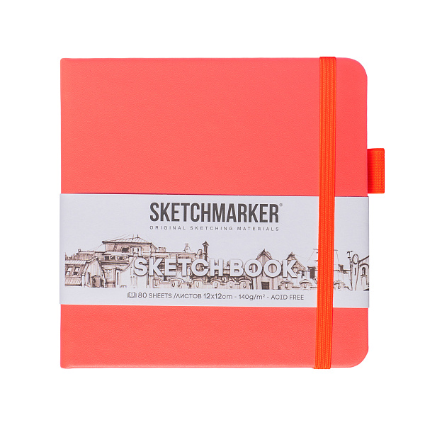 Скетчбук для зарисовок Sketchmarker, неоновый коралл, тв. обложка с резинкой, 140 г/м, 12x12 см, 80 л. бумага слоновая кость