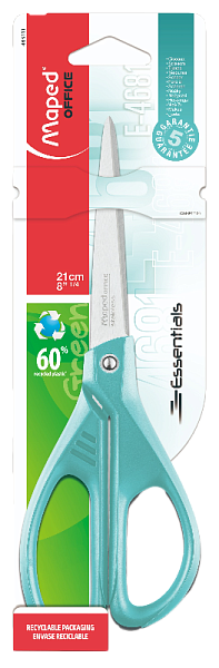 Ножницы 210 мм Maped ESSENTIALS COLOR эргономичные бирюзовые, асимметричные, в блистере