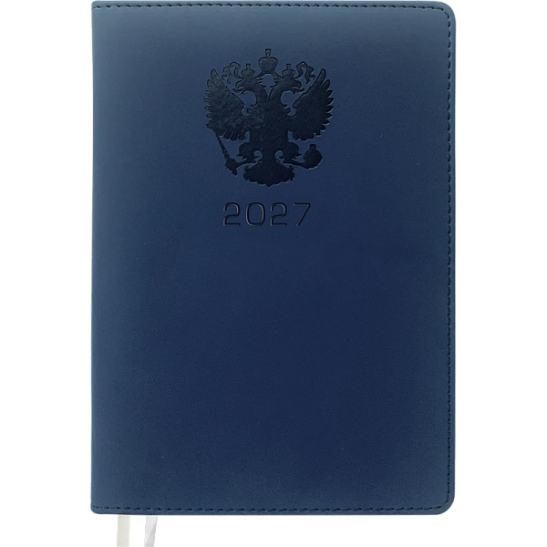 Еженедельник 2027 "deVENTE. Emblem" A4 (210 ммx290 мм) 128 стр, синий, белая бумага 70 г/м² в линейку, печать в 2 краски, твердая обложка из искусственной кожи с поролоном, отстрочка, термо тиснение, перфорация, закругленные уголки, 2 ляссе, в термоу