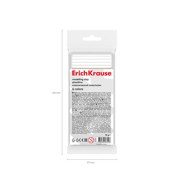 Пластилин 6 цв. 96г. классический ErichKrause light (во флоупаке с европодвесом)