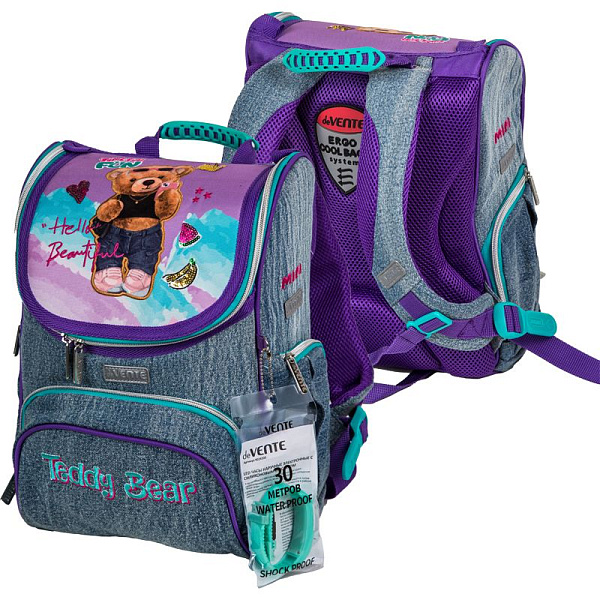 Ранец "deVENTE. Mini. Teddy Bear" школьный жесткий 35x26x20 см (14 л) вес 800 г, 1 отд. на замке с карманом для учебников, 1 передний карман на молнии, 2 боковых кармана на молнии с расширением, эргономичная формоустойчивая вентилируемая спинка и мяг