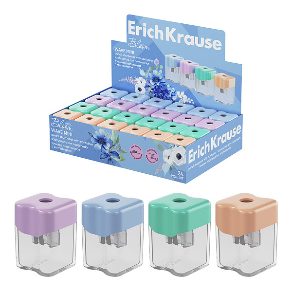 Точилка пластиковая ErichKrause Wave Mini, Pastel Bloom, с контейнером, ассорти (в коробке-дисплее по 24 шт)