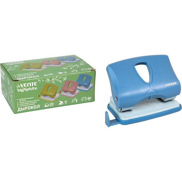Дырокол на 20 л. "deVENTE. sigNATURE" цвет сумеречный синий, пластиковый с линейкой, в картонной коробке,