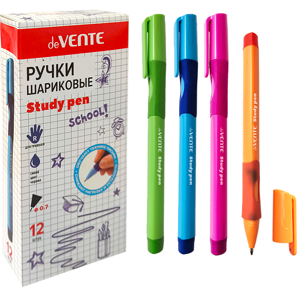 Ручка шариковая 0,7 мм "deVENTE. Study Pen. School" обучающая письму, для правшей, СИНЯЯ, с эргономичным каучуковым держателем, сменный стержень, с индивидуальной маркировкой,