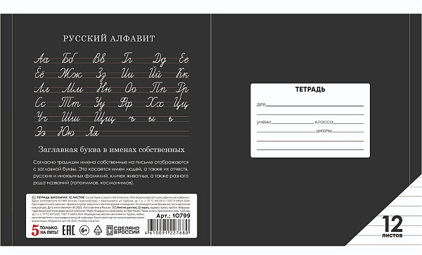 Тетрадь 12 листов в линию ЧЕРНАЯ, обложка из мелованного картона  (200г/м2), блок офсет (92%, 60г/м2)