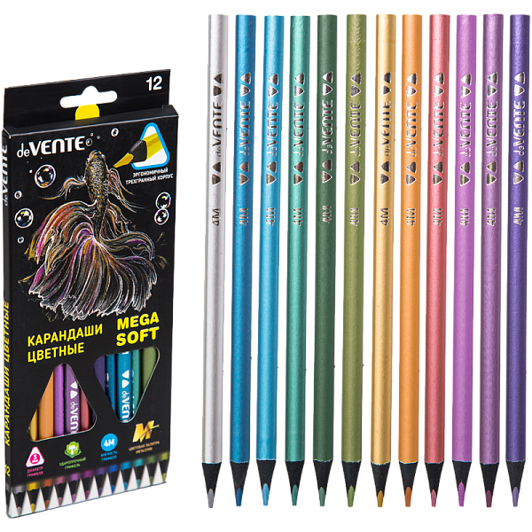 Карандаши цветные "deVENTE. Trio Mega Soft Metallic" 12 цветов, для рисования на черной бумаге, 3М, диаметр грифеля 3 мм, трёхгранный корпус тонированный в черный цвет, покраска корпуса в цвет грифеля, в картонной коробке