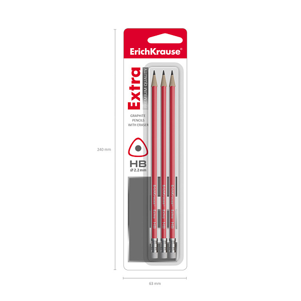 Набор из 3 чернографитных карандашей ErichKrause Extra, трехгранных, с ластиком, HB (в блистере)