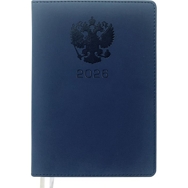 Еженедельник 2026 "deVENTE. Emblem" A4 (210 ммx290 мм) 128 стр, синий, кремовая бумага 70 г/м², печать в 2 краски, твердая обложка из искусственной кожи с поролоном, отстрочка, термо тиснение, перфорация, закругленные уголки, 2 ляссе, в термоусадочно