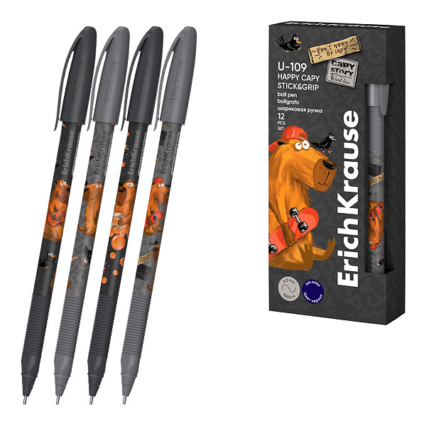 Ручка шариковая ErichKrause U-109 Stick&Grip Happy Capy 1.0, Ultra Glide Technology, СИНЯЯ (в коробке по 12 шт.)