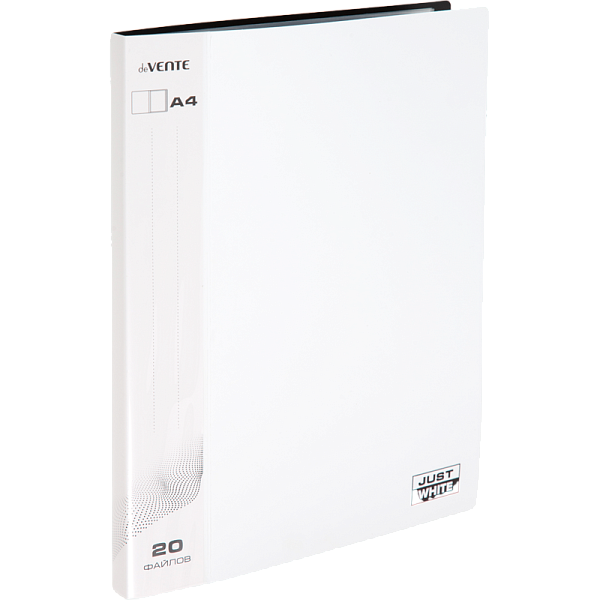 Папка 20ф А4 "deVENTE. JUST WHITE" (235x310x15 мм) непрозрачная белая, полипропилен 650 мкм, фактура "soft-touch" вкладыши 30 мкм, внутренний карман 160 мкм, индивидуальная упаковка,