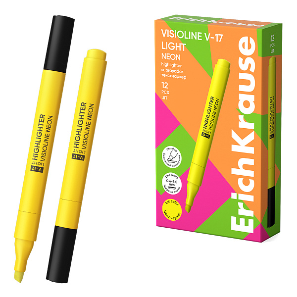 Маркер-текстовыделитель ErichKrause Visioline V-17 light Neon, цвет чернил желтый (в коробке по 12 шт.)