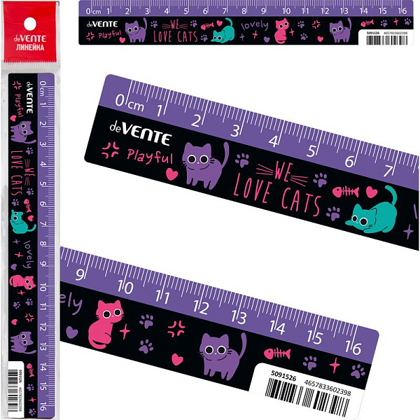 Линейка 16 см "deVENTE. Funny Cats" пластиковая, с дизайном, с индивидуальной маркировкой, с цветным стикером