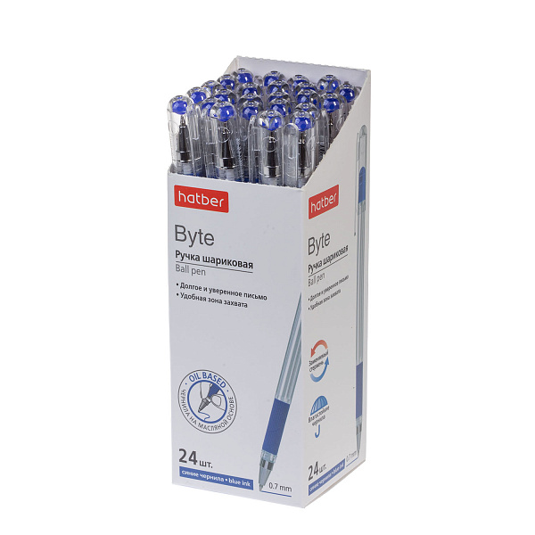 Ручка шариковая 0,7 мм Hatber Byte Синяя чернила на масл.основе с резиновым грипом в карт. Мини-Дисплее