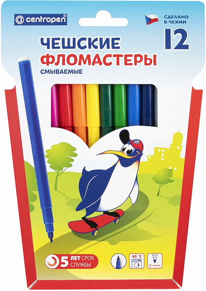 Фломастеры 12 цв ПИНГВИНЫ шестигранные, смываемые, уп. картон Centropen