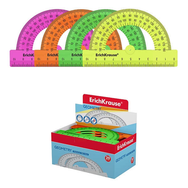 Транспортир 180° 10 см ErichKrause Neon Solid, ассорти (в коробке-дисплее по 20 шт)