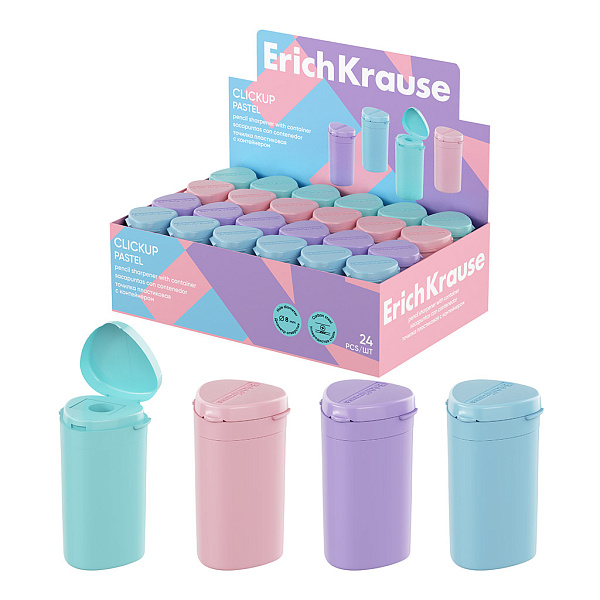 Точилка 1 отв. ErichKrause ClickUp, Pastel, пластиковая, с контейнером, ассорти (в коробке-дисплее)