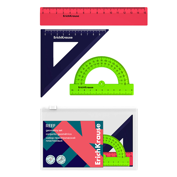 Набор геометрический малый ErichKrause Reef, (линейка, угольник, транспортир), ассорти, пластиковый