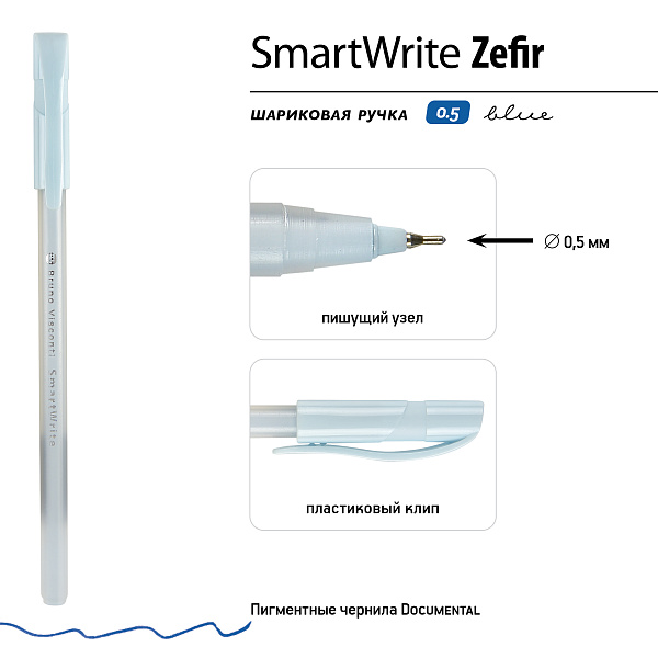 Ручка шариковая 0,5 мм "SmartWrite Zefir" СИНЯЯ (3 цвета)