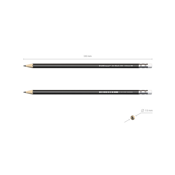 Чернографитный шестигранный  карандаш с ластиком  ErichKrause® Jet Black 101 HB (в коробке по 12 шт.)