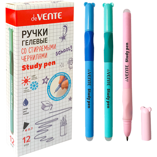 Ручка гелевая 0,7 мм стираемая "deVENTE. Study Pen. School" СИНЯЯ, корпус ассорти 3 цвета с покрытием Velvet Touch, с эргономичным каучуковым держателем, с ластиком, колпачок с ушками, сменный стержень, индивидуальная маркировка,