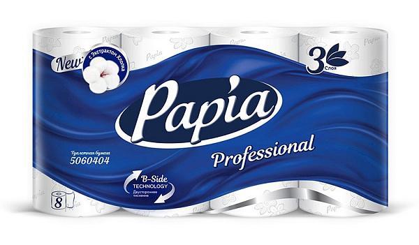 Туалетная бумага 3 слоя 8 рулонов в упаковке белая Papia Professional 