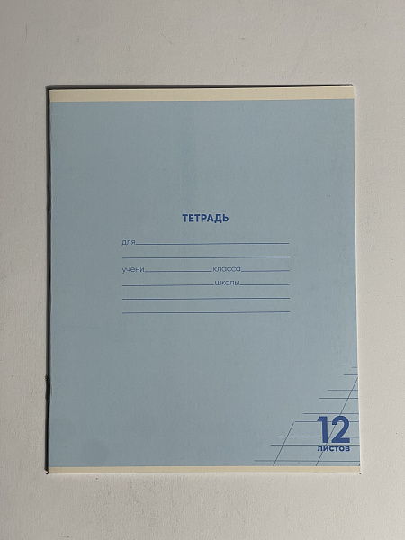 Тетрадь 12 листов в косую линию ГОЛУБАЯ, обложка из мелованного картона (200г/м2), блок офсет (92%, 60г/м2)