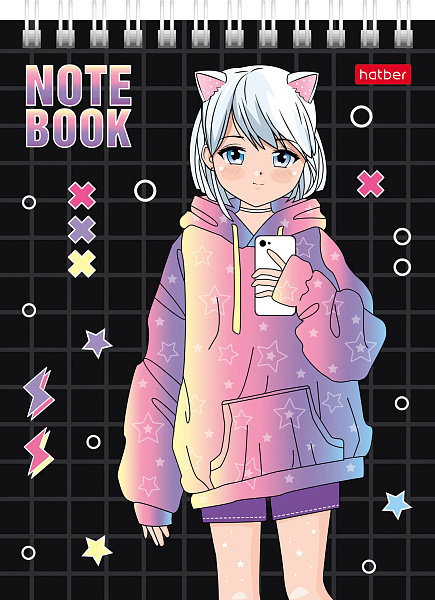 Блокнот А6 40 л. кл. на гребне "Неко-Тян_аниме" Обл. мел.картон УФ-лак