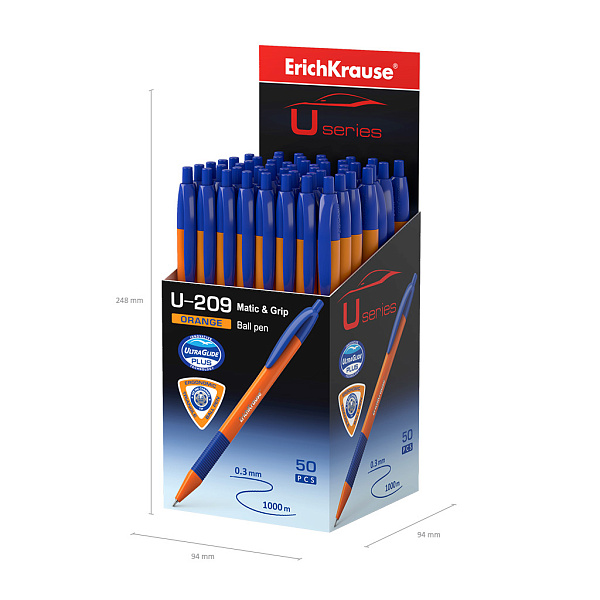 Ручка шариковая автомат. ErichKrause U-209 Matic&Grip Orange 0.7, Ultra Glide Technology, СИНЯЯ (в коробке по 50 шт.)