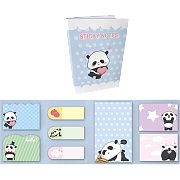 Набор клейкой бумаги для заметок "deVENTE. Panda on the blue" 20x56 мм, 40x56 мм и 56x90 мм, 8x20 листов, офсет 80 г/м², печать 4+0, ассорти форм, 8 дизайнов, в картонном блистере и пластиковом пакете с европодвесом