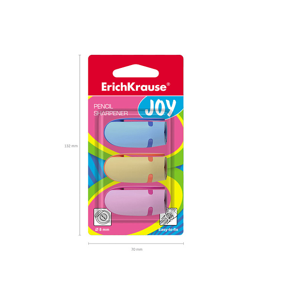Набор 3 пластиковые точилки ErichKrause® Joy®, цвет корпуса ассорти в блистере