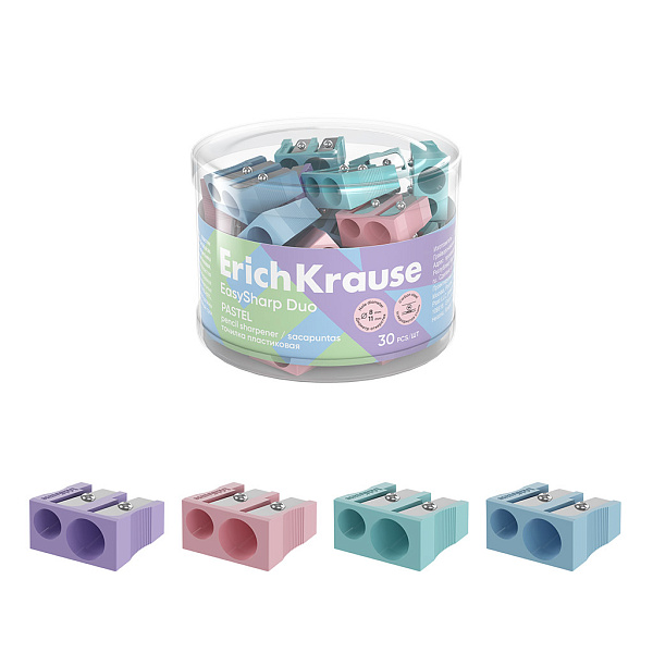 Точилка 2 отв. ErichKrause EasySharp Duo, Pastel, пластиковая, ассорти (в тубусе по 30 шт)