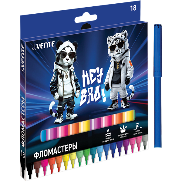Фломастеры 18 цв. "deVENTE. Hey Bro" с вентилируемым колпачком, в картонной коробке с подвесом