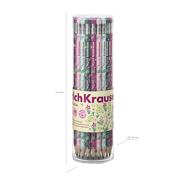 Карандаш ч/г HB ErichKrause Floral Soul, пластиковый, круглый, с ластиком, НВ (в тубусе по 42 шт.)