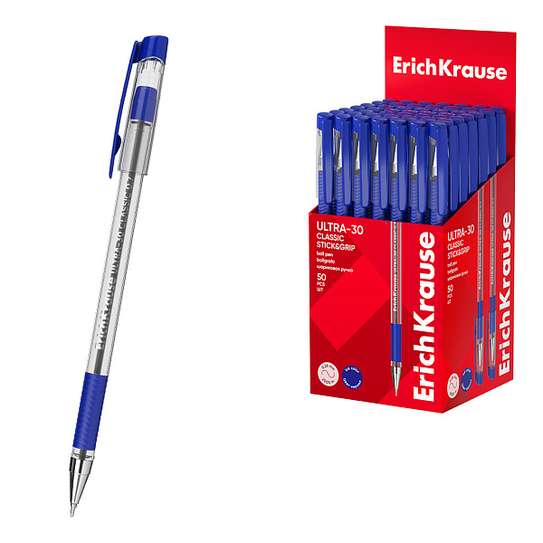 Ручка шариковая ErichKrause ULTRA-30 Stick&Grip Classic 0.7, Super Glide Technology, цвет чернил синий (в коробке по 50 шт.)