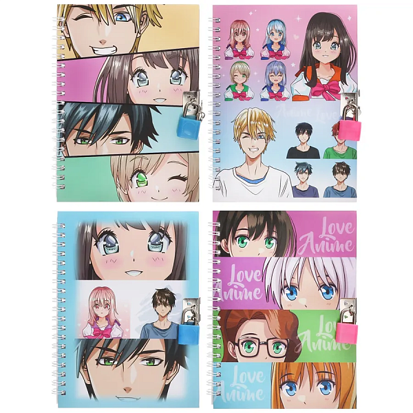 Блокнот 130х180 48л на гребне "Аниме", с замочком, вн. блок 70 г/м2 в линию, МИКС 4 вида