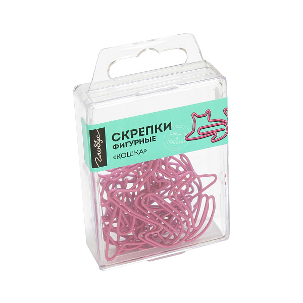 Скрепки фигурные кошка L45 мм 12 шт., пластик. коробка, европодвес, розовые Глобус