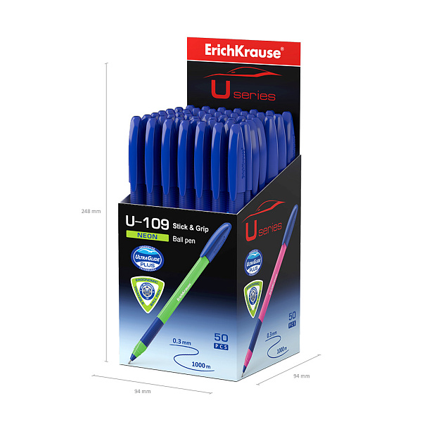 Ручка шариковая ErichKrause U-109 Stick&Grip Neon 1.0, Ultra Glide Technology, СИНЯЯ (в коробке по 50 шт.)