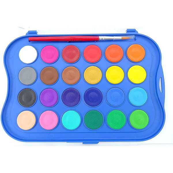 Акварель 24 цвета "WATERCOLORS mini" с кистью, сухая, 23 мм в таблетках, синий пластиковый пенал с европодвесом