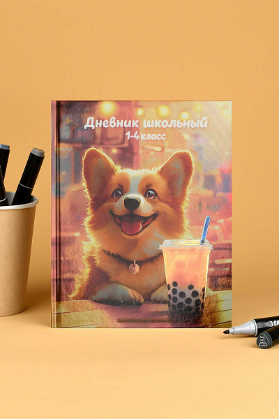 Дневник школьный 1-4 класс "КОРГИ С ЛИМОНАДОМ / твёрдый переплёт 7БЦ, А5+, 48 л., печать по фольге, глянцевая ламинация, печать в одну краску (пантон) , шпаргалка для младших классов/