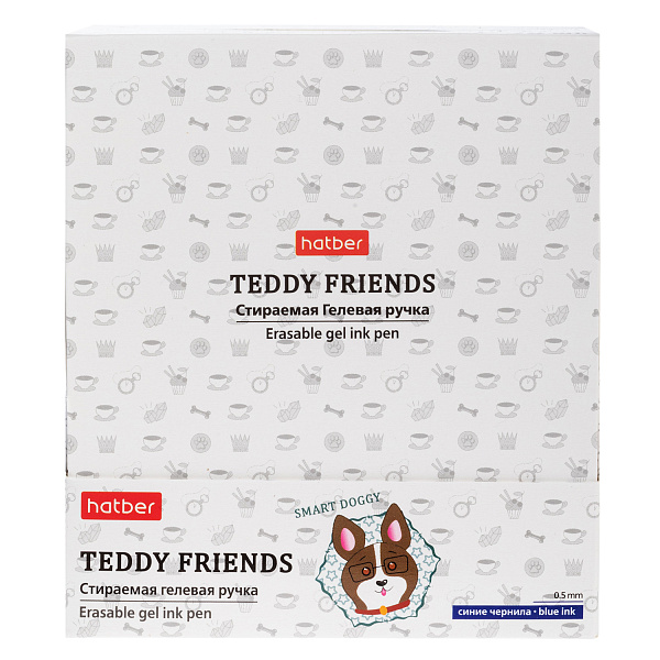 Ручка гелевая автомат. 0,5 мм Hatber Teddy Friends/Друзья Тедди Синяя Стираемая  36 шт в карт. Мини-Дисплее